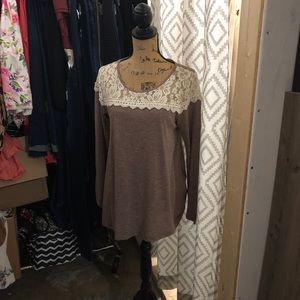 Lace detail neckline long sleeve top